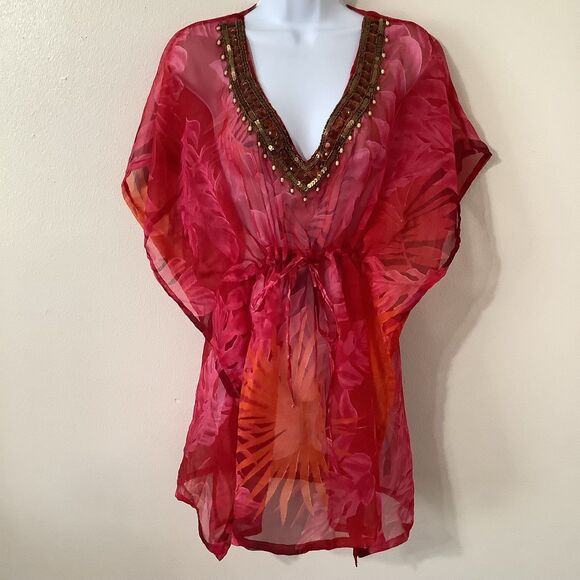 Vintage Pink Beachy Boho Hawaiian Tropical Vacation Beaded Sheer Cover Up Small - Picture 1 of 12